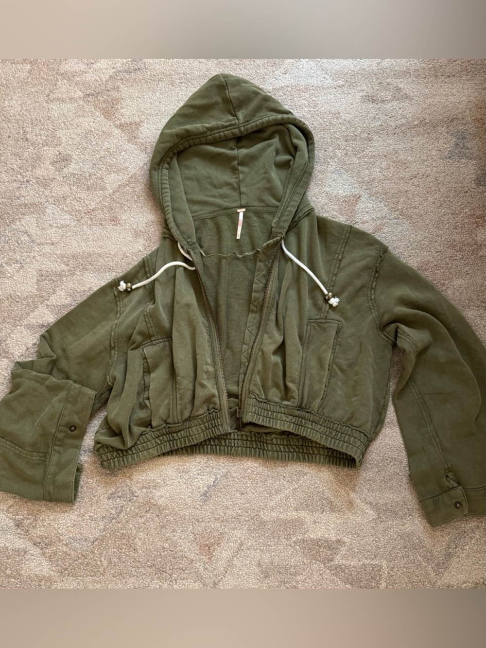 Free People Olive Green Cropped Hooded Sweatshirt